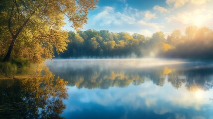 Poster - Unsurpassed quiet lake in the morning light surrounded by a forest tree reflection on the water surface Location place Small Polissya Ukraine Europe Photo wallpaper Discover the beauty : Generative AI