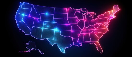 Wall Mural - Neon USA Map with State Borders and Glowing Cities