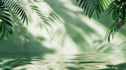 Poster - Summer Background Water Surface Texture on Green Wall Studio with Light Shadow Palm LeavesBackdrop Podium Display and water floating sun reflectionConcept Spring cosmetic or Spa Produc : Generative AI