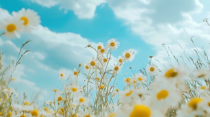 Poster - A beautiful sundrenched spring summer meadow Natural colorful panoramic landscape with many wild flowers of daisies against blue sky A frame with soft selective focus : Generative AI