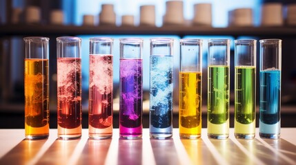 Poster - Close-up view of science laboratory test tubes filled with colorful solutions on a clean white surface, with laboratory equipment in the background for scientific research and experimentation concept
