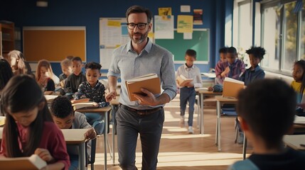 Aufkleber - Primary school teacher walking in classroom while multiethnic students studying Male teacher holding textbook helping schoolchildren during class Professional educator walking in class : Generative AI