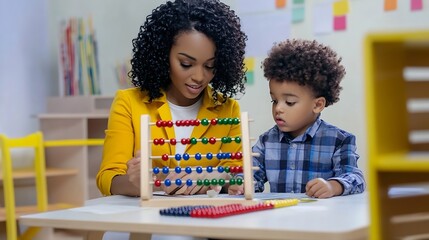 Poster - Black female teacher and little boy sitting at desk doing math using abacus early education concept : Generative AI