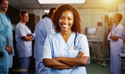 Wall Mural - Portrait of smiling nurse standing in front of her team at hospital