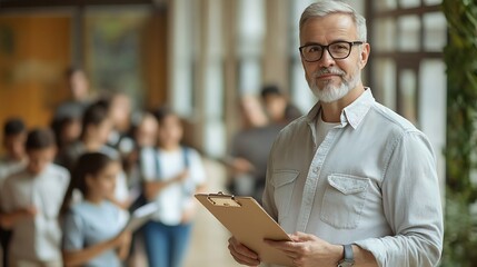 Aufkleber - Portrait of mature teacher stand and hold clipboard with students in the background : Generative AI