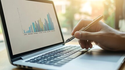Aufkleber - Businessman hand holding pen to display laptop with mockup chart presentation slide show background : Generative AI
