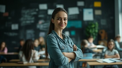 Poster - Portrait of cheerful European female teacher standing in classroom during lesson with pupils studying on background : Generative AI