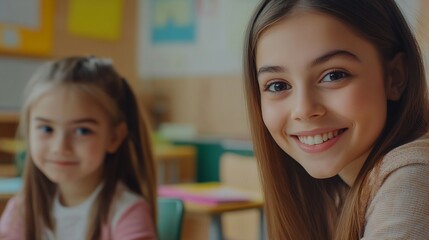 Aufkleber - Cheerful young female teacher working in elementary school happy teacher and girl smiling at camera in classroom interior : Generative AI
