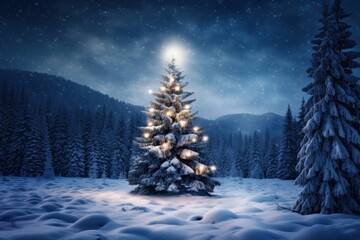 Canvas Print - Illuminated christmas tree outdoors plant night.