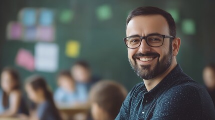 Poster - Portrait of smiling male teacher with students in background at school : Generative AI