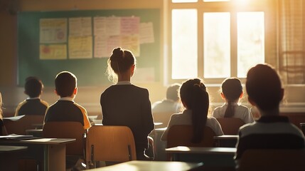 Fototapete - Teacher and students Learn and study in a classroom of school where youngsters sit and listen attentively : Generative AI