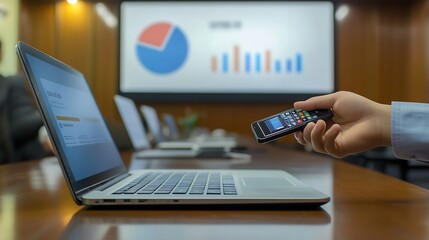 Aufkleber - Businessman hand hold remote control slide with mock up chart slide show presentation on display laptop and television in meeting room : Generative AI
