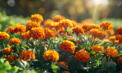 Close-up of bright orange marigold flowers blooming in a garden.