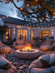 Poster - A cozy backyard with a fire pit and comfortable seating. AI.