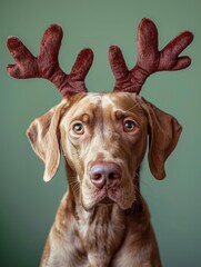 Canvas Print - A cute brown dog wearing reindeer antlers. AI.