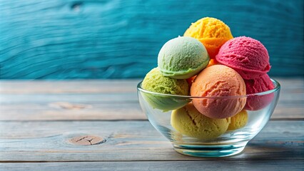 A stack of colorful ice cream balls in a glass bowl, ice cream, dessert, sweet treat, colorful, scoop, frozen, delicious