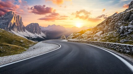 Aufkleber - Mountain road at colorful sunset in summer Dolomites Italy Beautiful curved roadway rocks stones blue sky with clouds Landscape with empty highway through the mountain pass in spring T : Generative AI