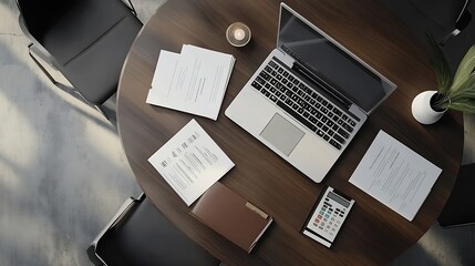 Aufkleber - Top view mock up sales summary slide show presentation on display laptop with calculator and paperwork on table in meeting room : Generative AI