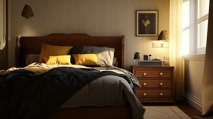 Aufkleber - Comfortable bed and chest of drawers in interior of cozy bedroom : Generative AI
