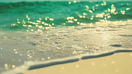 Wall Mural - golden sunlight reflects on gentle waves rolling onto the beach, creating a serene atmosphere at sun
