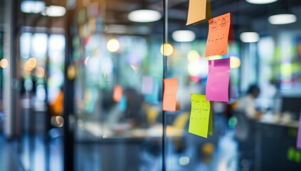 Poster - Colorful Sticky Notes on Glass Wall in Office Setting