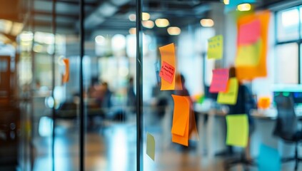 Poster - Blurred Office Space with Post-it Notes on Glass Wall