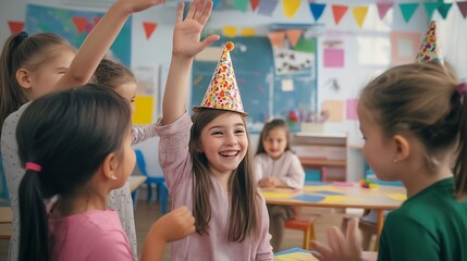 Poster - Teacher giving a high five to a student on her birthday Celebration in an elementary school class Young girl wearing a cone hat she is enjoying her birthday with her teacher and classm : Generative AI