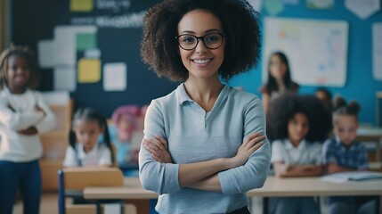 Aufkleber - Portrait of a Beautiful Happy Young Teacher Standing in Classroom with Crossed Arms Looking at Camera and Smiling Multiethnic Female Working in Elementary School Taking Care of Talente : Generative AI