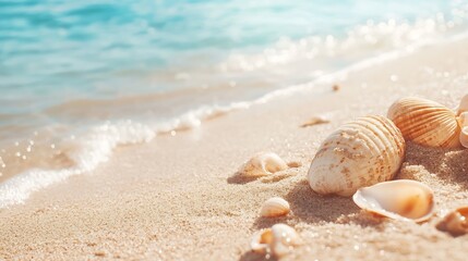 Poster - bullet point slide show presentation background beach scene with shells : Generative AI