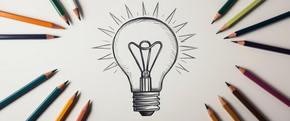 Poster - Abstract light bulb pencil sketch on white background with mock up place. Idea and innovate concept.