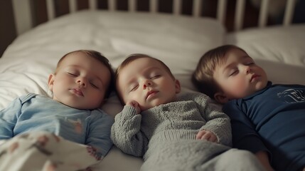 newborn baby boy sleeping near siblings lying in bed : generative ai