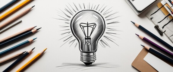 Poster - Abstract light bulb pencil sketch on white background with mock up place. Idea and innovate concept.
