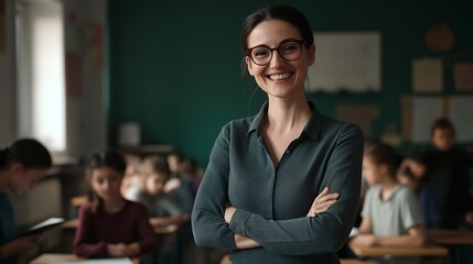 Poster - Portrait of cheerful European female teacher standing in classroom during lesson with pupils studying on background : Generative AI