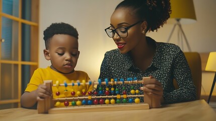 Poster - Black female teacher and little boy sitting at desk doing math using abacus early education concept : Generative AI