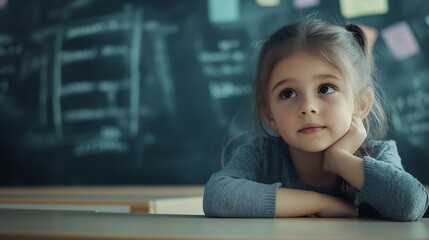 Poster - A young girl attentively sits at a desk in front of a blackboard listening to her teachers instructions in a bright classroom setting : Generative AI