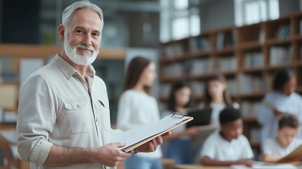 Aufkleber - Portrait of mature teacher stand and hold clipboard with students in the background : Generative AI