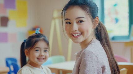 Aufkleber - Cheerful young female teacher working in elementary school happy teacher and girl smiling at camera in classroom interior : Generative AI