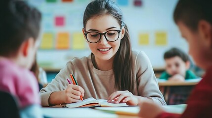 Aufkleber - Teacher woman and help kid for education study or writing knowledge in notebook at class Child educator and student learning in lesson for development teaching and support at kindergar : Generative AI