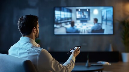 Aufkleber - A man with a remote control slide presentation with Presentation meeting on television : Generative AI
