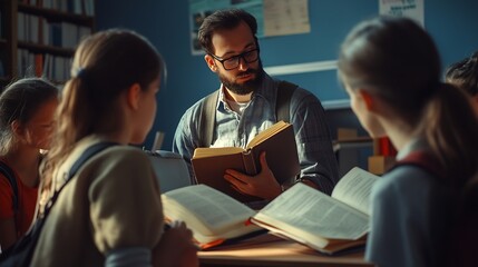 Aufkleber - Group of students with books at school lesson Students listening to an older high school teacher Education concept : Generative AI