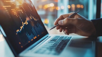 Aufkleber - Businessman hand holding pen to display laptop with mockup chart presentation slide show background : Generative AI