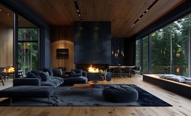 Wall Mural - Modern Living Room with Fireplace and Forest Views