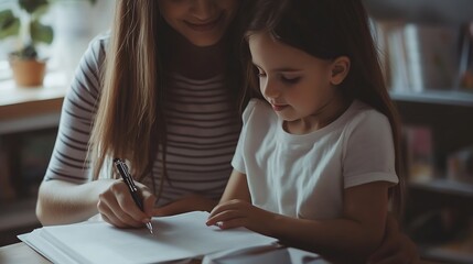 Aufkleber - Teacher woman and help child writing in notebook for education study or knowledge in class Kid happy educator and student learning in lesson for development or assistance at kindergart : Generative AI