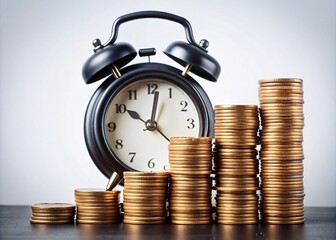 A black alarm clock lies beside a stack of coins, symbolizing effective time management and smart financial planning for achieving business goals and investment success.