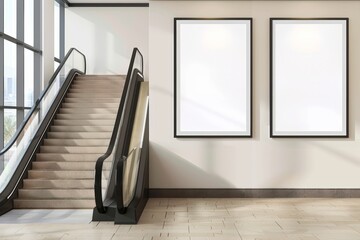 Escalator and Two Blank Frames in a Modern Interior