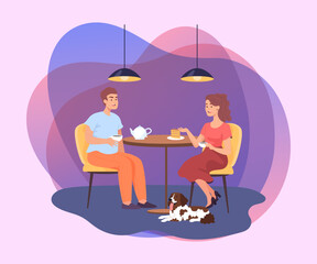 Wall Mural - Happy couple drinking tea at home. Cartoon characters with pet dog spending evening together flat vector illustration. Pet, tea time, romance concept for banner, web design