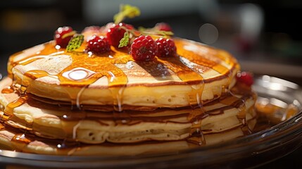 Wall Mural - Pile of pancakes with berries and maple syrup.
