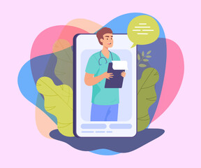 Poster - Male doctor with stethoscope on huge mobile phone. Online consultation via smartphone flat vector illustration. Remote work, health, technology concept for banner