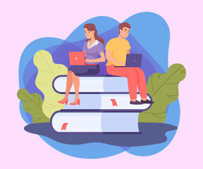 Poster - Man and woman sitting on huge books and studying on laptops. Two people or couple of students doing research together flat vector illustration. Education, knowledge concept for banner, website design