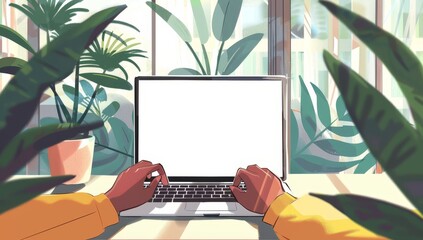 Poster - Person Typing on Laptop with a Blank Screen in a Room with Plants